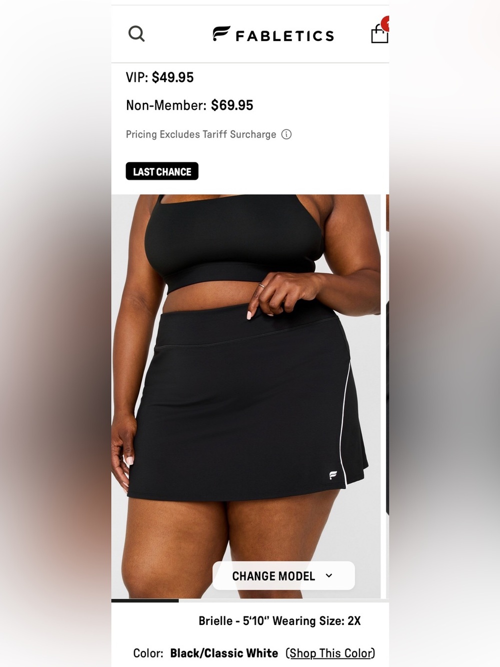 Fabletics Black Skort with Classic White Piping